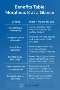 Table showing the benefits of Morpheus 8 treatment from Lipo Sculpt Stratford upon Avon