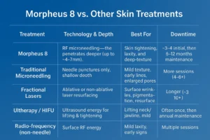 Table to show benefits of Morpheus 8 Stratford upon Avon compared to other skin treatments