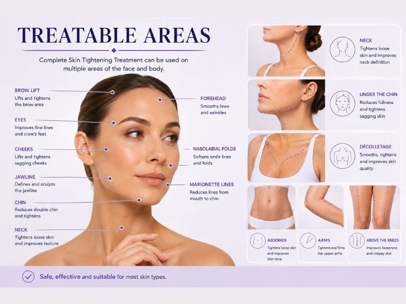 Areas of the body you can have complete skin tightening treatment Stratford upon Avon